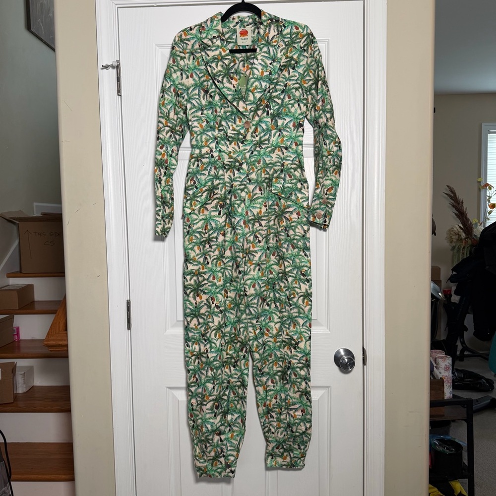 FARM Rio Linen Cream Mini Toucans Green Palm Blazer Jumpsuit Summer Spring